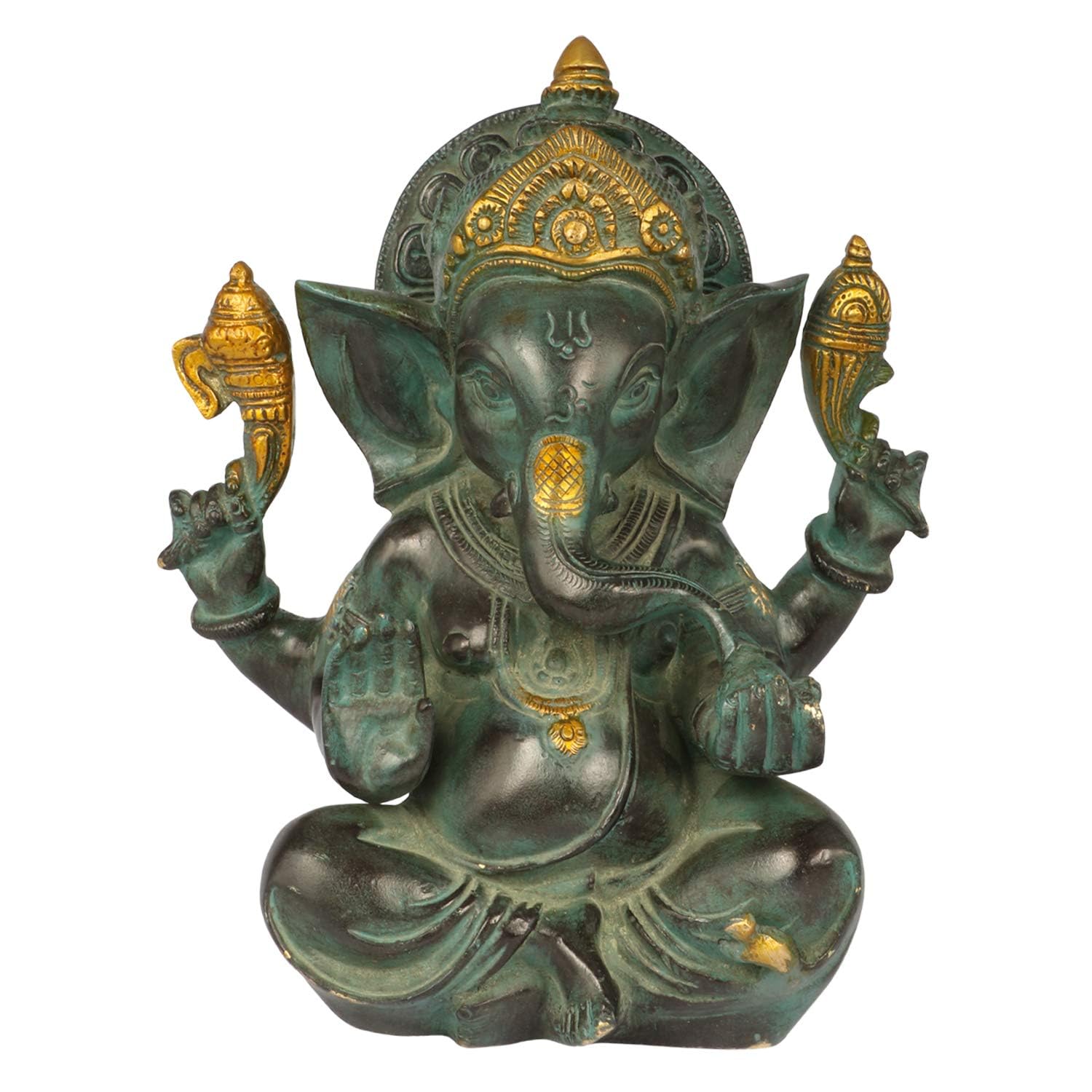 Brass Ganesha Colored Green and Golden Idol Statue for Home décor/Temple/Gift Item
